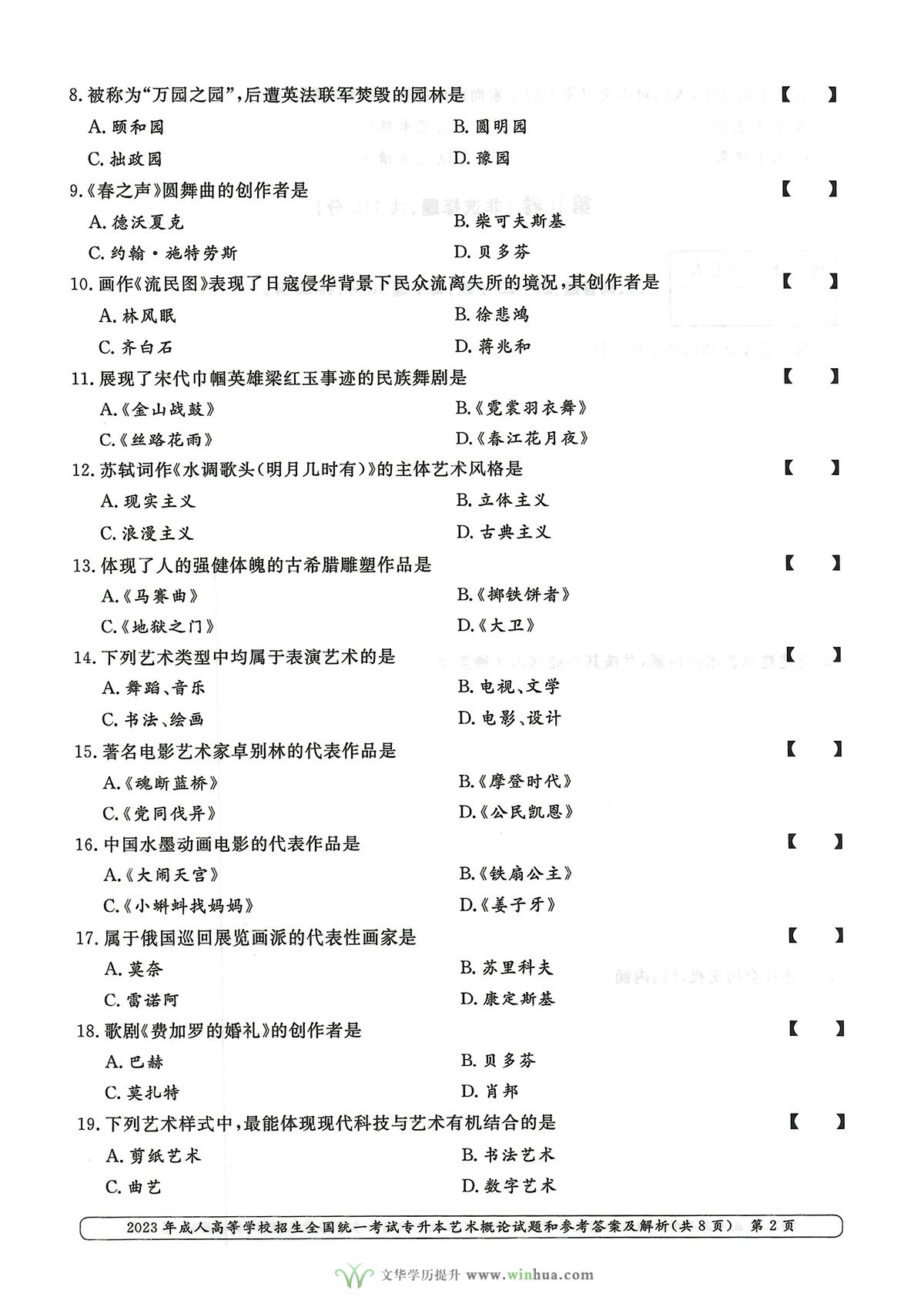 2023年成人高考专升本艺术概论试卷真题及参考答案(图2)