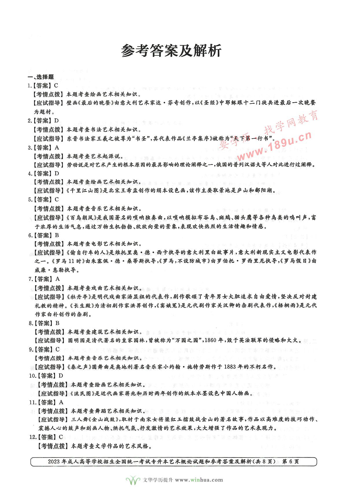 2023年成人高考专升本艺术概论试卷真题及参考答案(图6)